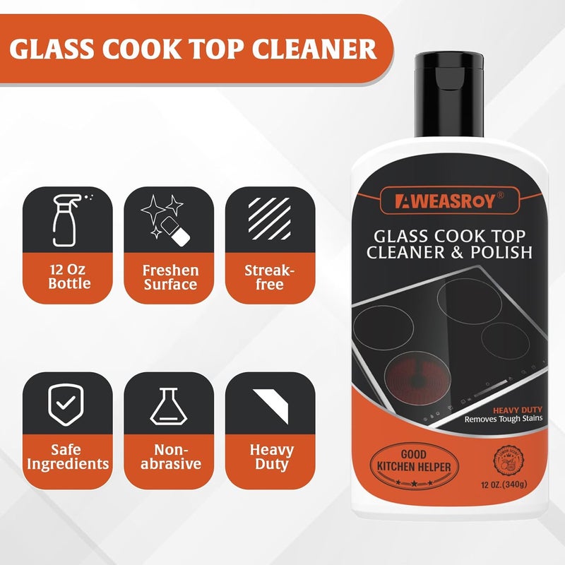 AWEASROY Glass Stove Top Cleaner Kit 12 oz, Cooktop Cleaner and Polish Non-Abrasive No Scratch Removes Tough Stains, with Scrubbing Pad, Handle, Scraper, Cloth - Image 2